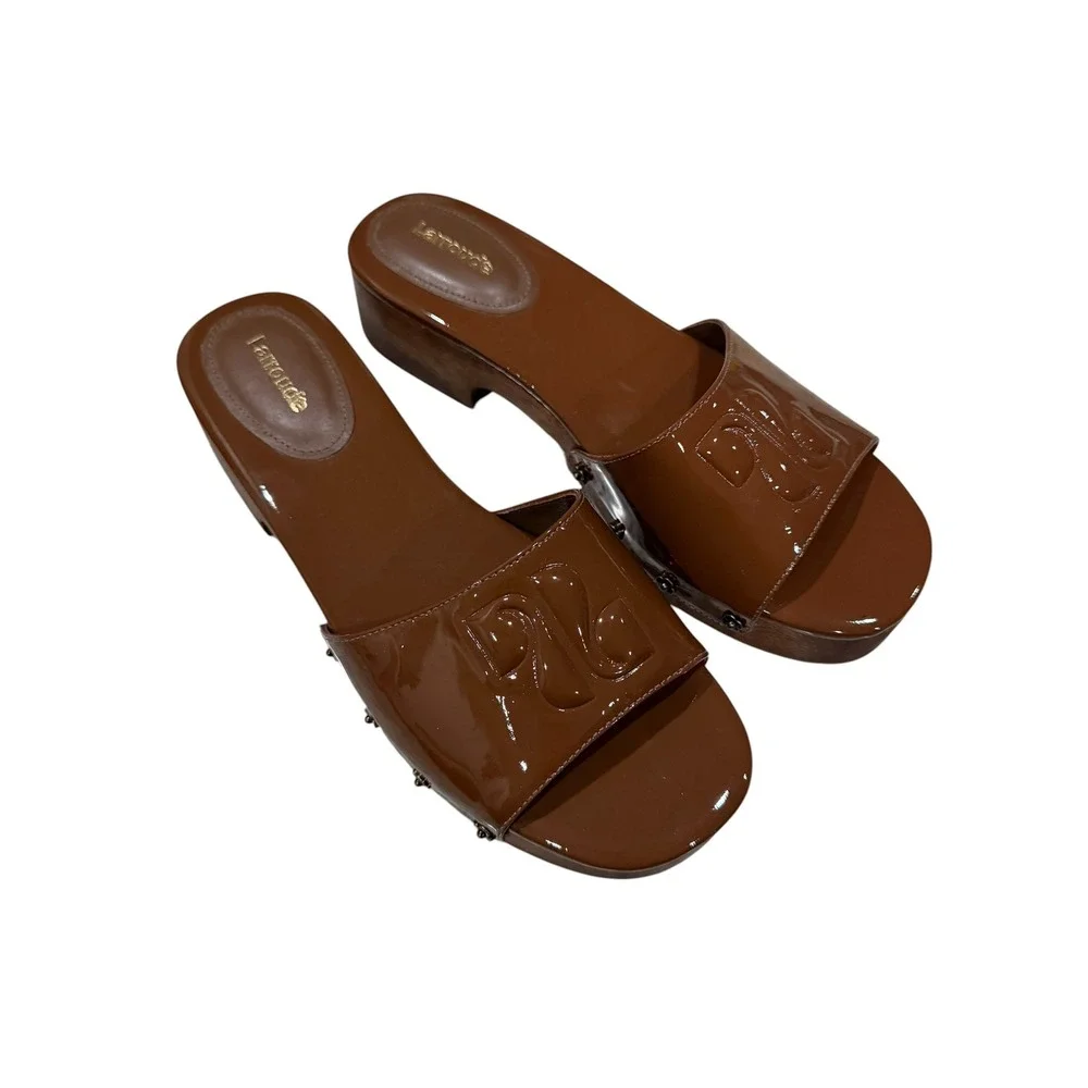 Larroude 8 Miso Platform Slides Caramel Patent Leather Brown Slide Sandal